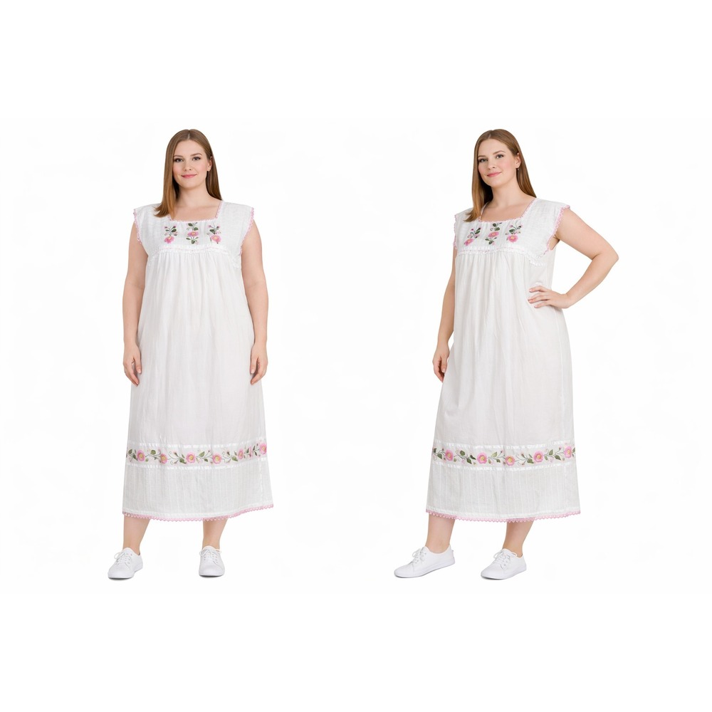 Vintage Style Womens Midi Dress Large‎ White Floral Embroidered Cottagecore